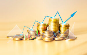 Coins are laid in graph.Business success concept wealth stock investment.Business in the digital age.Digital transformation for next generation technology.Technology is growing by leaps and bounds