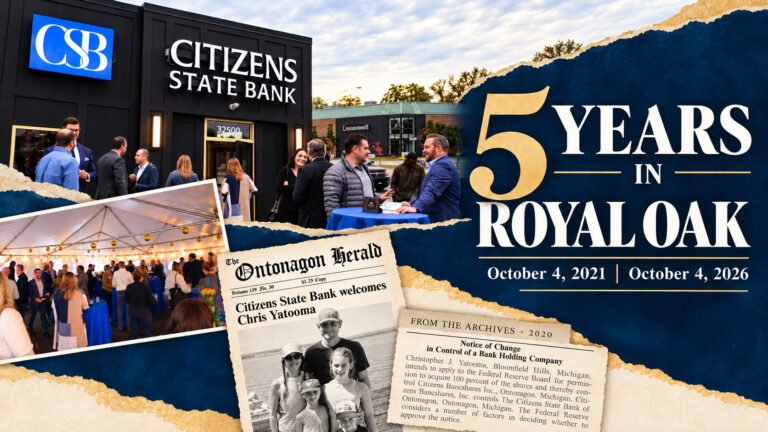 Collage celebrating 5 years in Royal Oak with people networking outside a Citizens State Bank building and vintage newspaper cutouts saying 'The Ontonagon Herald' and 'Notice of Change' in the foreground. Large blue background with gold '5 YEARS IN ROYAL OAK' text.